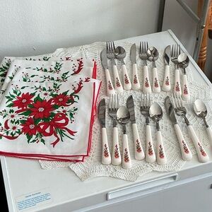 Cambridge Poinsettia & Ribbons Stainless Flatware 18Pcs & Napkins